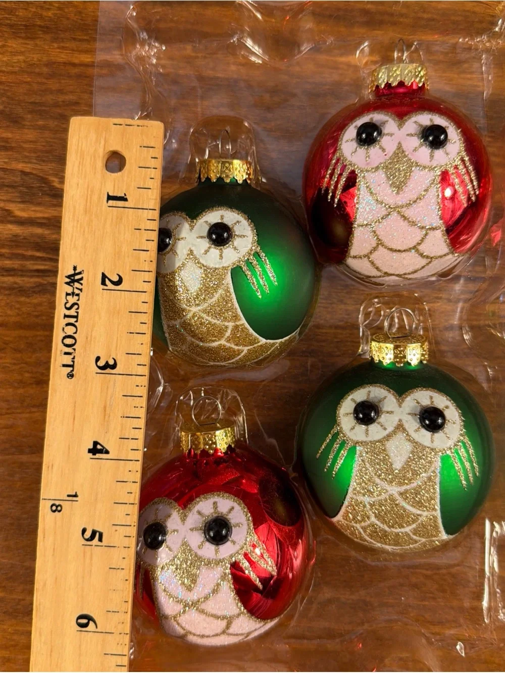 Holiday Time Red and Green Owl Glass Ornament Set